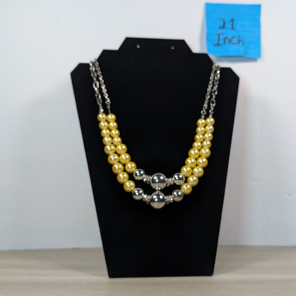 Yellow Faux Pearl Double Strand Necklace Silver Tone Statement 21 Inch